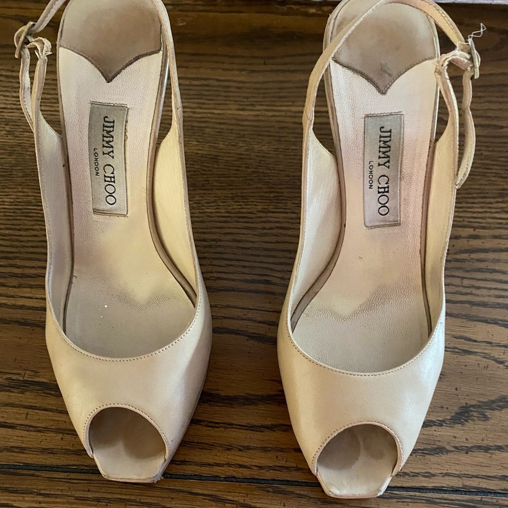 Jimmy Choo nude sling back heels.